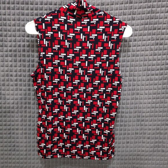 VTG Sleeveless Stretch Mockneck Top SzM Red White Blue Geometric Slinky 90s Y2K - Picture 8 of 11